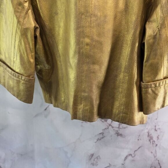 Vintage Leather Jacket Womens Medium Gold Crop Y2K Moto Glam Coated Metallic - Picture 2 of 6